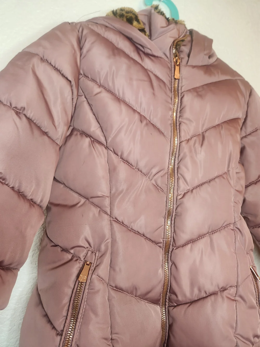 Girls Mauve Puffer Jacket with Faux Fur Trim